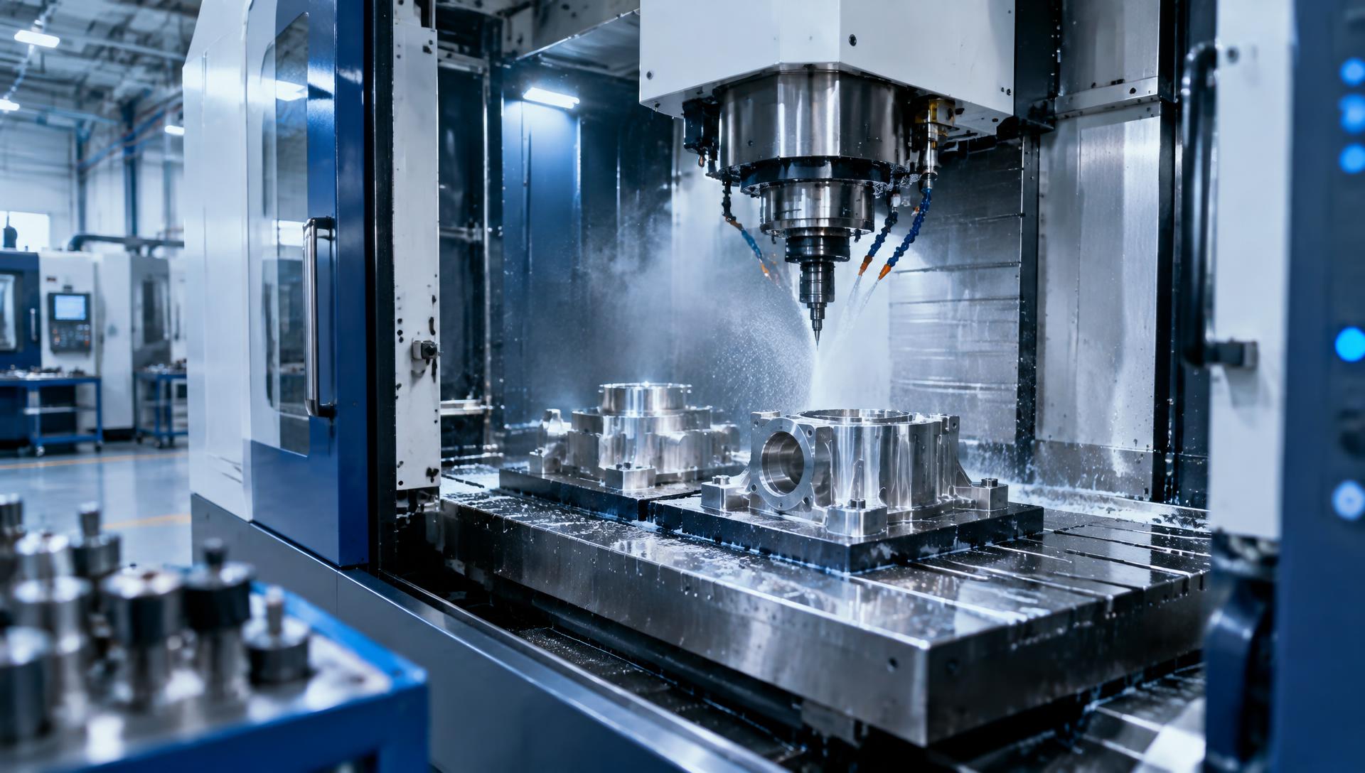 CNC-Zerspanung: 5-Achs-Fräsmaschine bei der Präzisionsbearbeitung eines Stahlbauteils